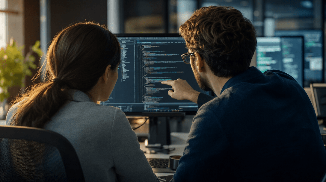 Two engineers reviewing AI agent code together before deployment