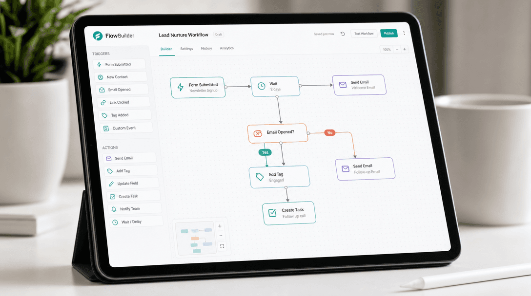 Workflow automation builder showing drag-and-drop process design for business operations