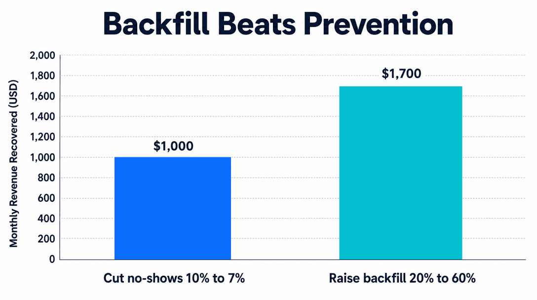 Chart comparing revenue impact of reducing no-show rate versus increasing waitlist backfill rate for appointment businesses
