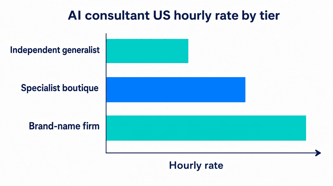 AI consultant US hourly rate by tier in 2026 — independent generalist lowest, specialist boutique mid-range, brand-name firm highest