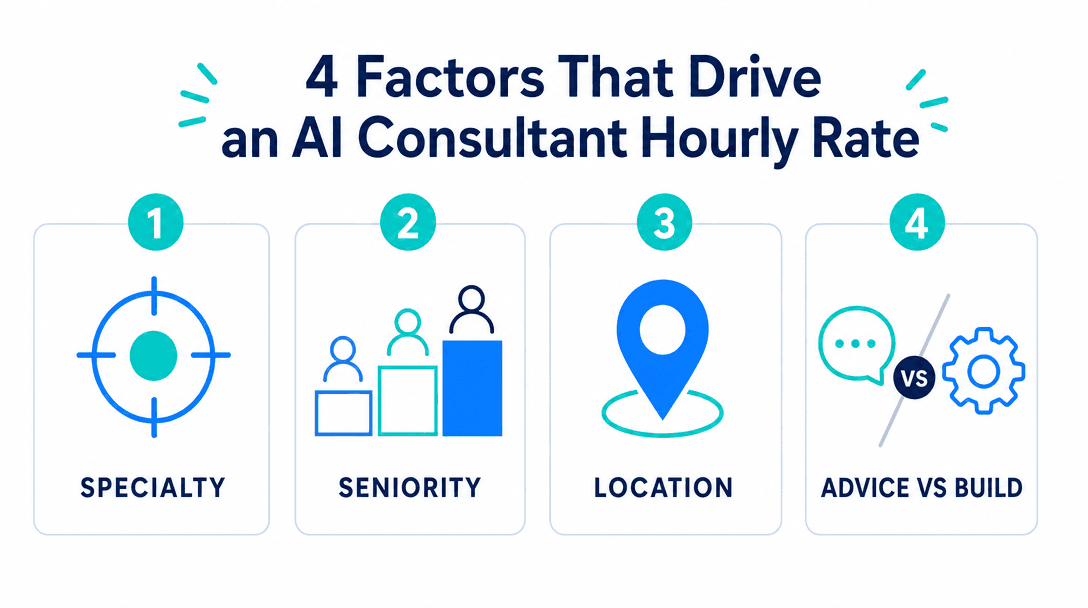 What drives an AI consultant's hourly rate in 2026 — specialty, seniority, location, and advice versus build
