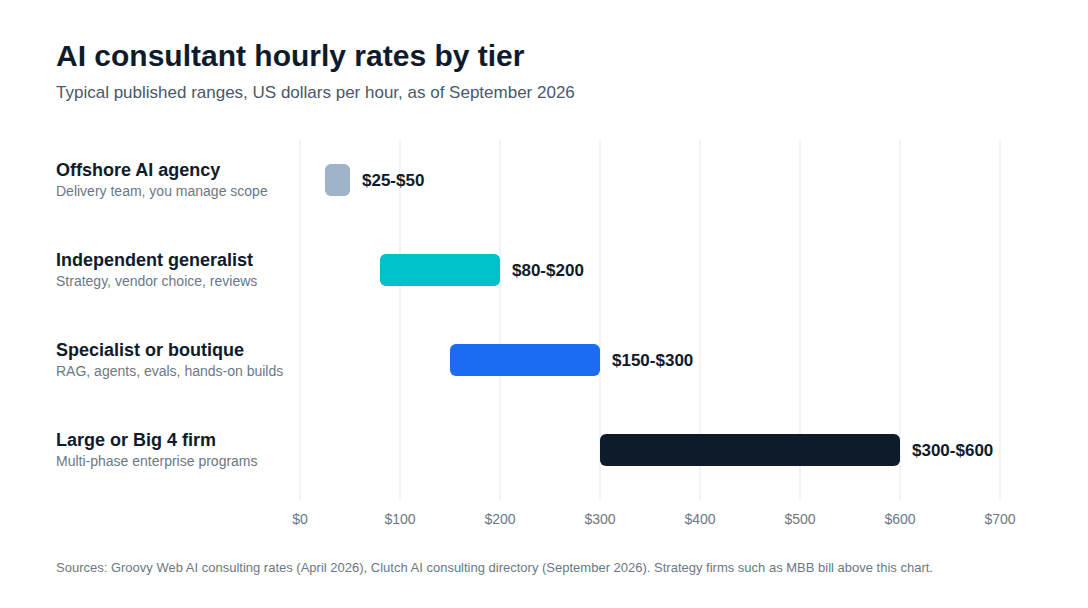AI consultant hourly rate by tier in 2026: offshore agency $25-$50, independent generalist $80-$200, specialist or boutique $150-$300, large or Big 4 firm $300-$600