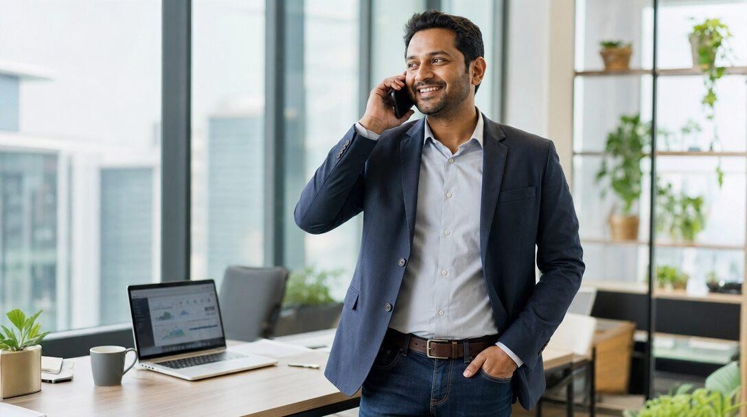 A business owner in a Delhi NCR office on a call, with a project dashboard open on the laptop beside him