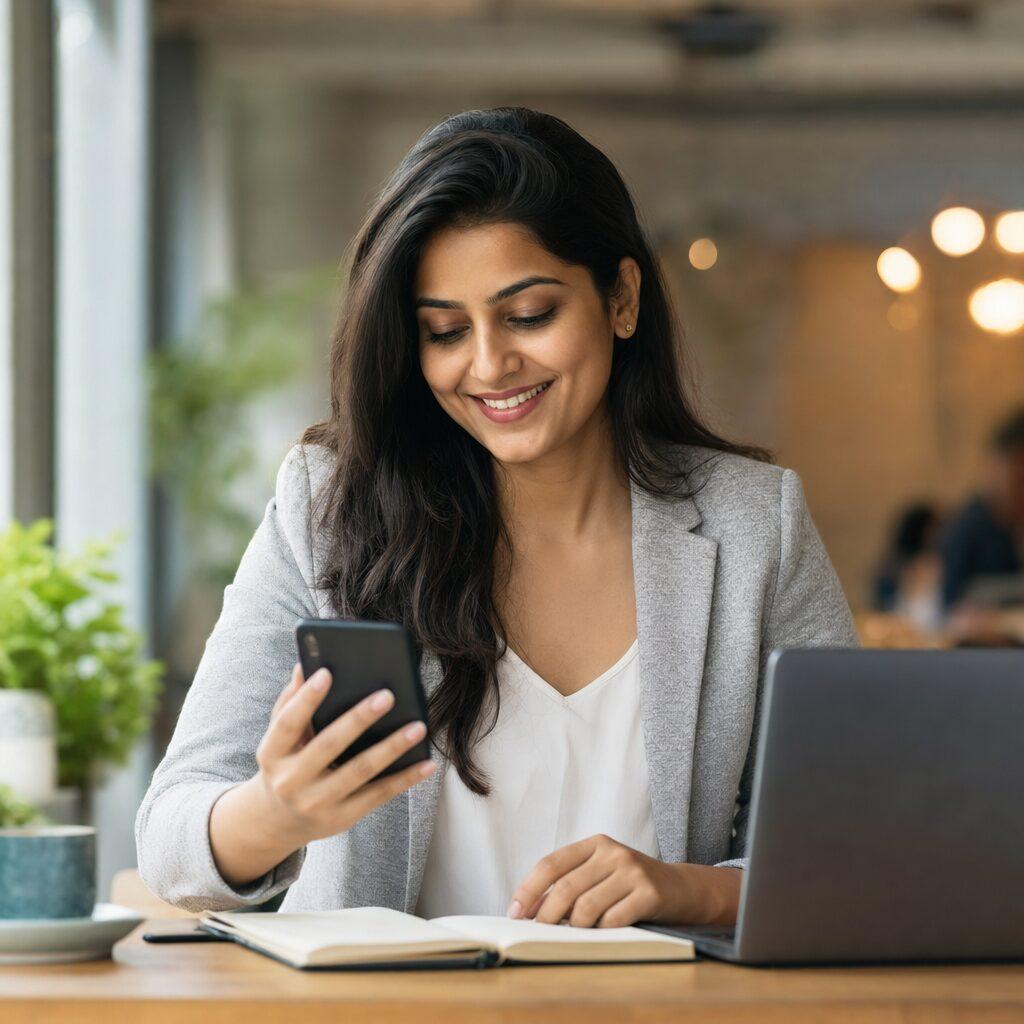 A business owner smiling while reading a project update on her phone