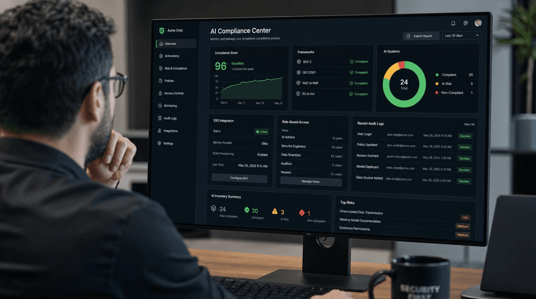 Enterprise AI security and compliance dashboard with SSO, role-based access controls, and audit logs