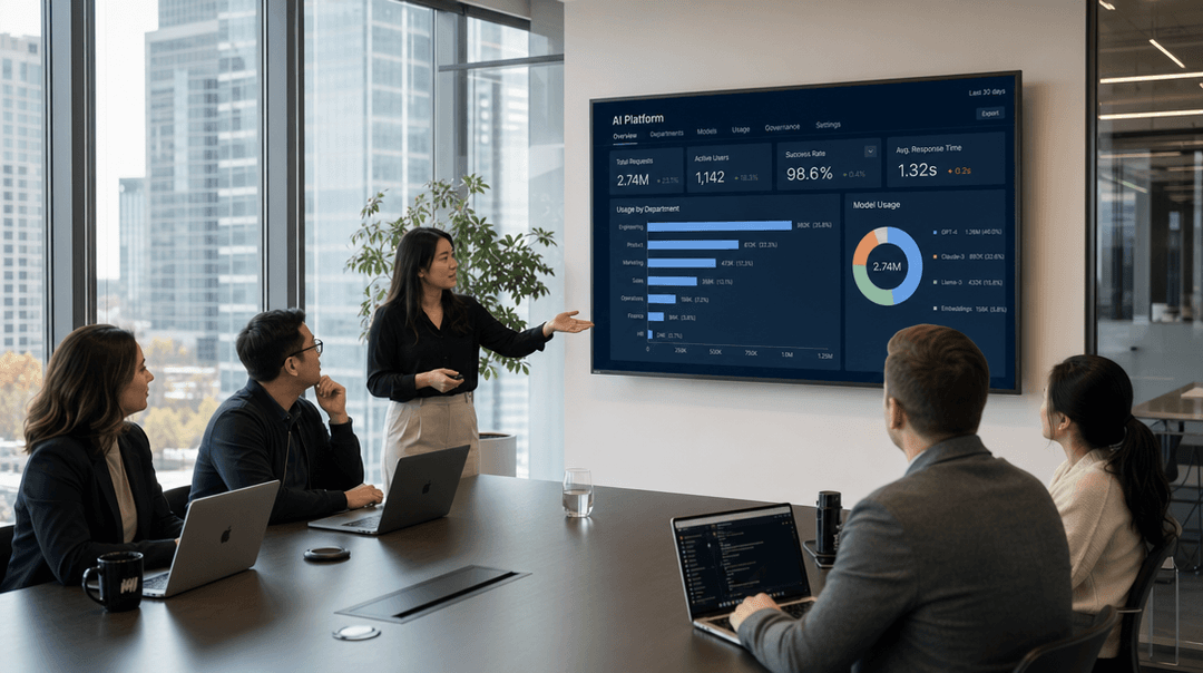 Enterprise AI team reviewing platform dashboard in a modern conference room