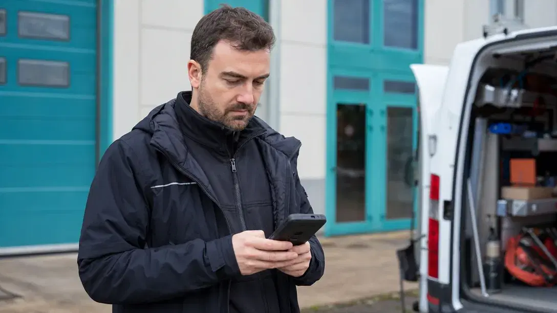 Field technician using a workforce app delivered by mobile app development
