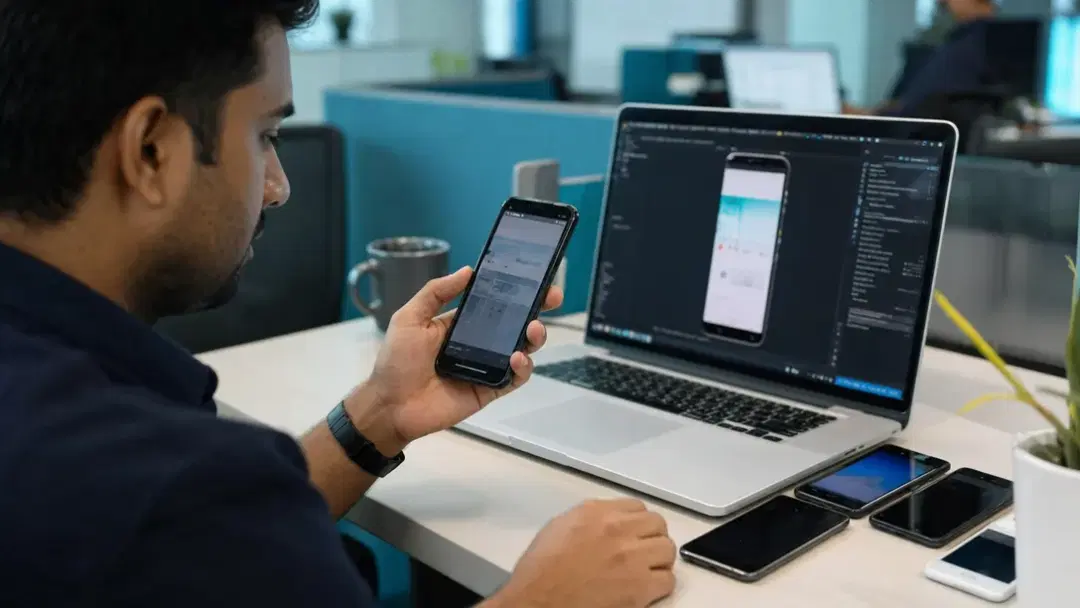 Developer testing an Android build on real devices during mobile app development