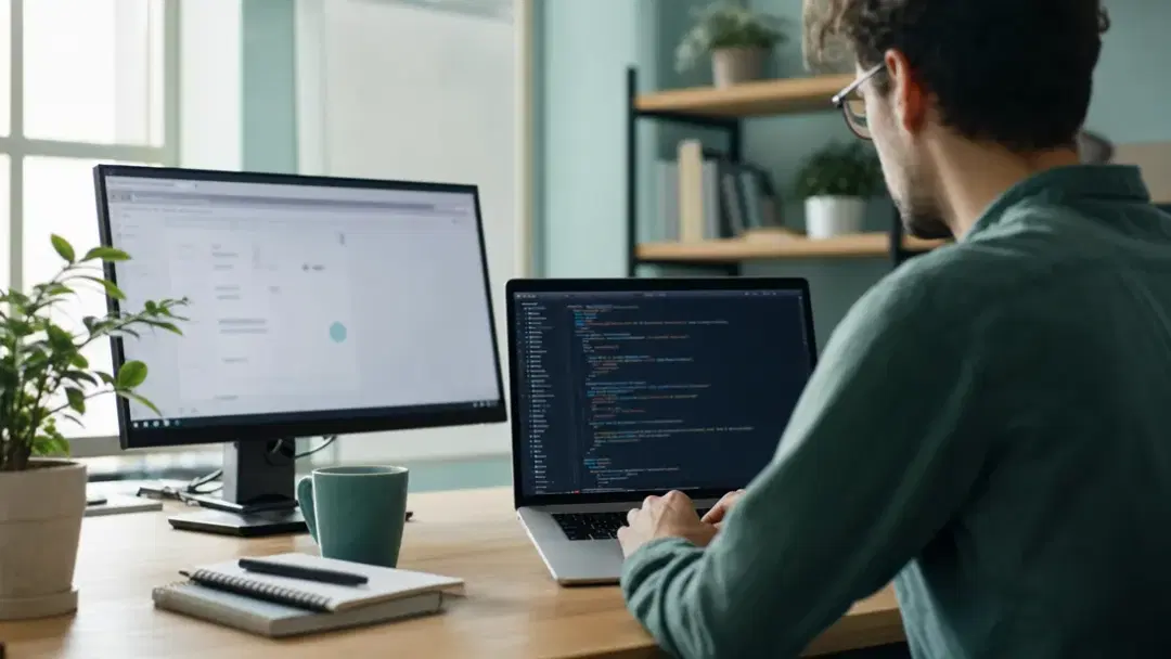 Developer building a web application on a laptop during a web application development project