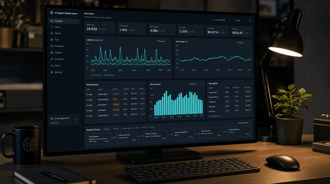 AI agent monitoring dashboard showing call logs, latency, and cost tracking