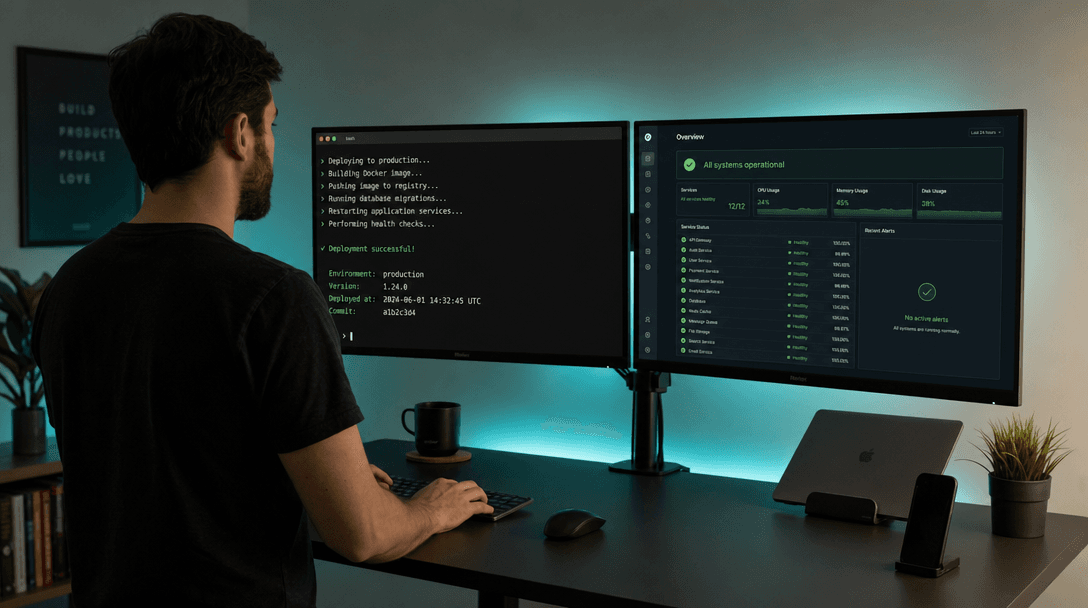Developer deploying an AI agent to production with green status indicators