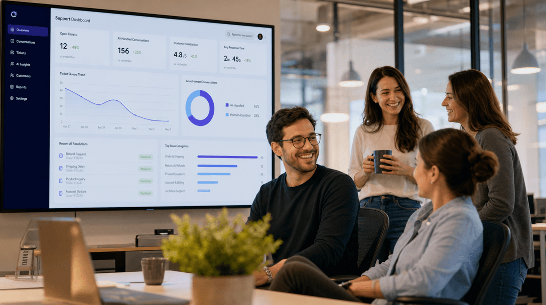 Support team using an AI chatbot dashboard to manage reduced ticket volume