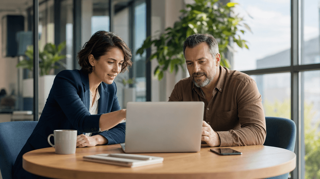 AI consultant and business owner reviewing findings together