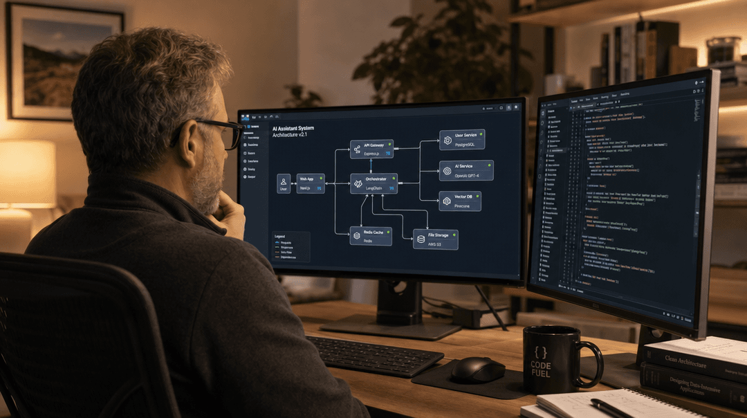 Senior developer reviewing an AI system architecture diagram on dual monitors
