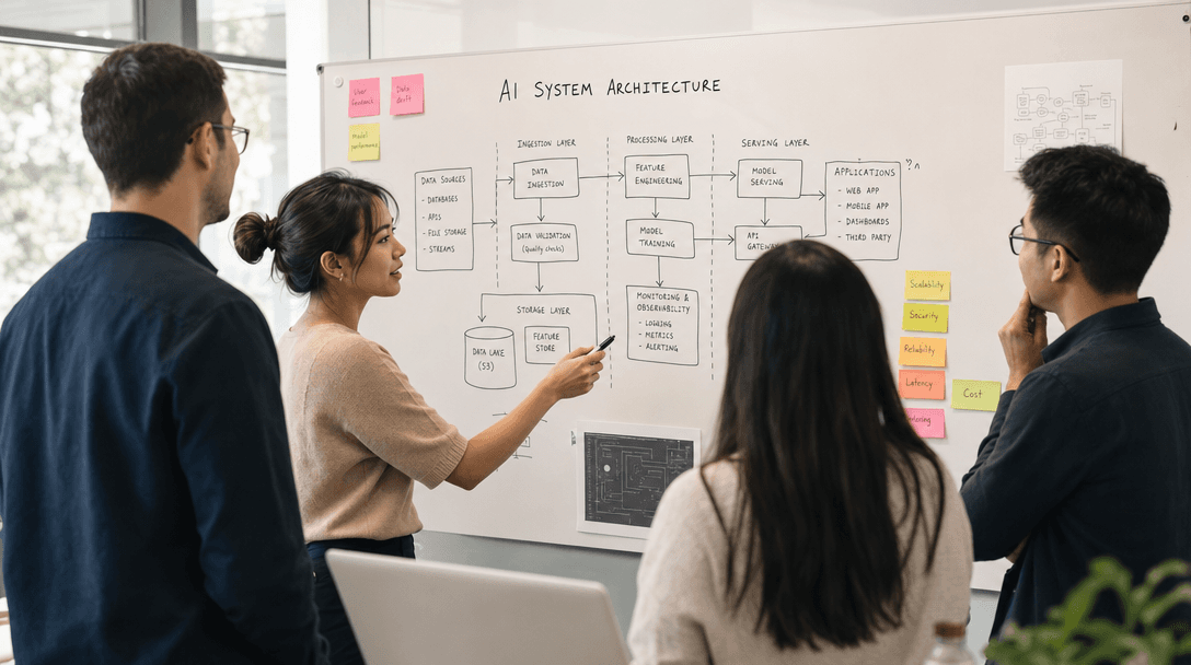 Small engineering team collaborating at a whiteboard showing an AI system architecture