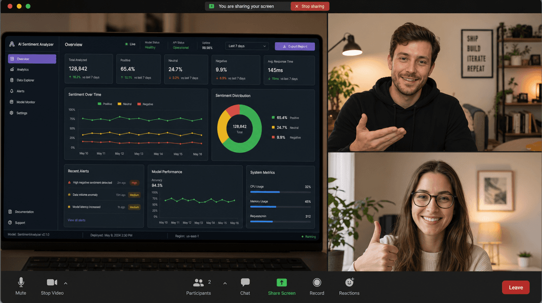 AI development company USA team delivering a completed AI system to a US small business client via video call