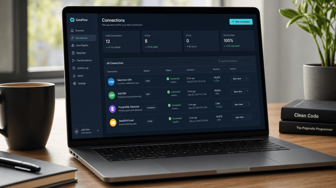 AI integration dashboard showing connected CRM, ERP and database systems with status indicators