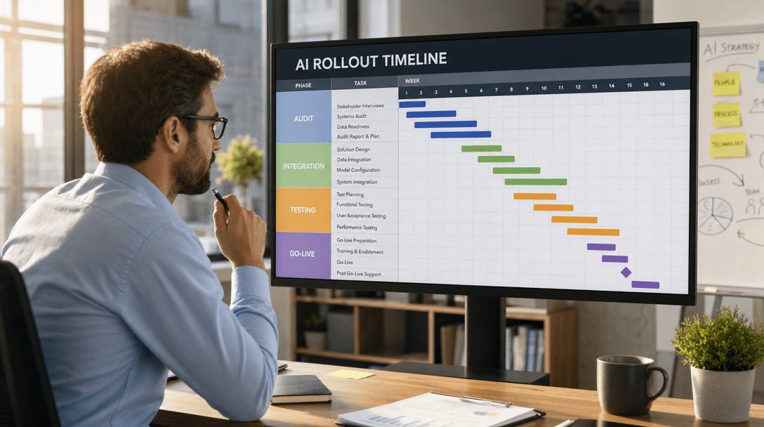 Project manager reviewing AI implementation rollout timeline with Gantt chart showing audit, integration, testing and go-live phases