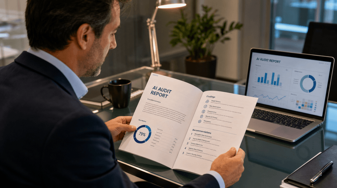 Consultant reviewing the AI Profit Leak Audit report at a modern glass desk