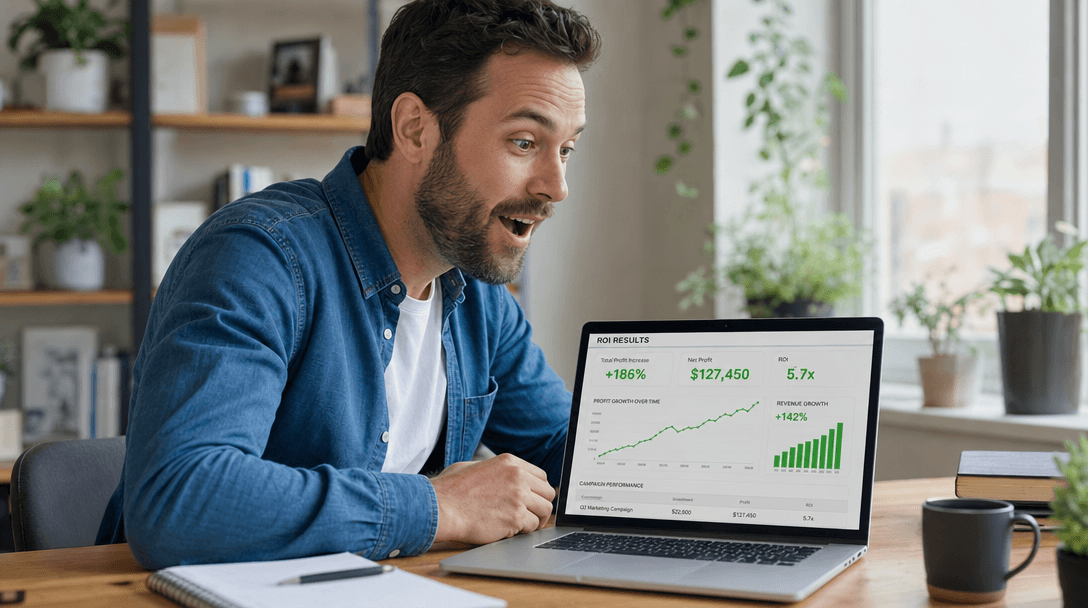 Business owner reviewing ROI results and profit improvement metrics from the AI Profit Leak Audit