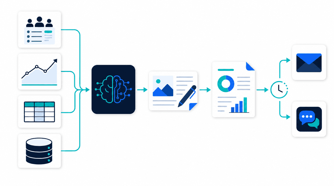 AI automated reporting flow — data from a CRM, analytics, spreadsheet, and billing feeds an AI engine that assembles and writes the report, then delivers it on schedule
