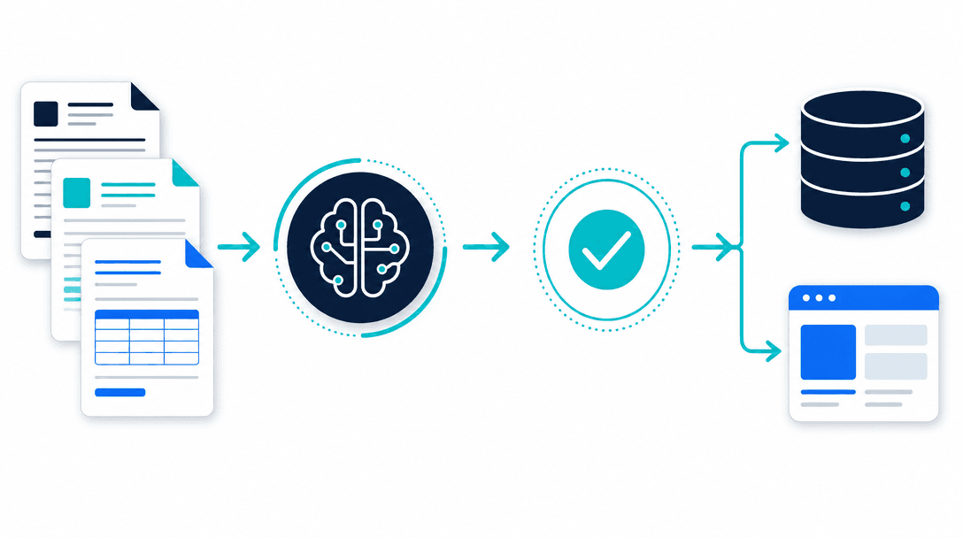 AI document processing automation flow — mixed documents are read and extracted by AI, validated, then the structured data flows into a database and business system