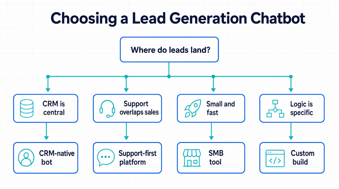 Decision tree for choosing an AI chatbot for website lead generation based on CRM and qualification complexity