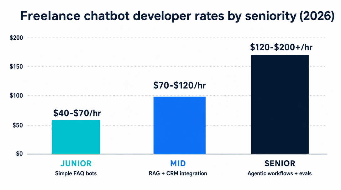 Freelance chatbot developer hourly rates 2026 by seniority — junior $40–$70, mid $70–$120, senior $120–$200+ per hour