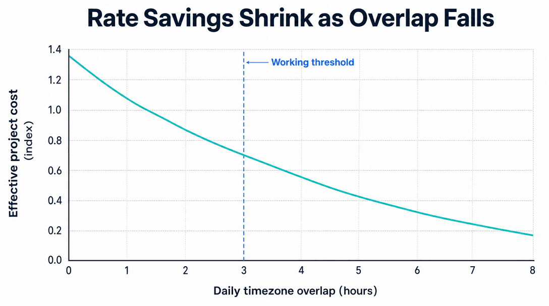 Chart showing effective project cost rising as daily timezone overlap falls for offshore development teams