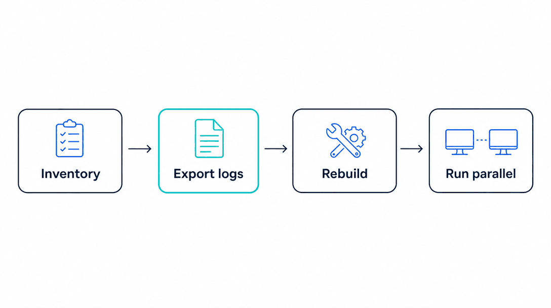 Migration path from no-code chatbot builder to custom AI agent showing inventory, log export, rebuild, and parallel run