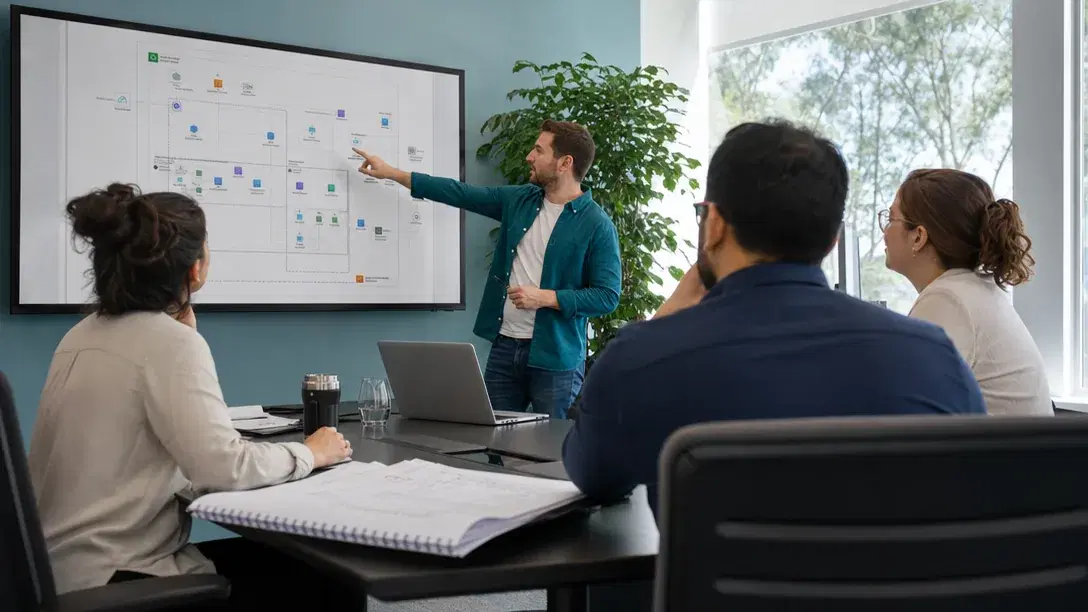 Engineers walking a client team through cloud and DevOps infrastructure documentation at handover
