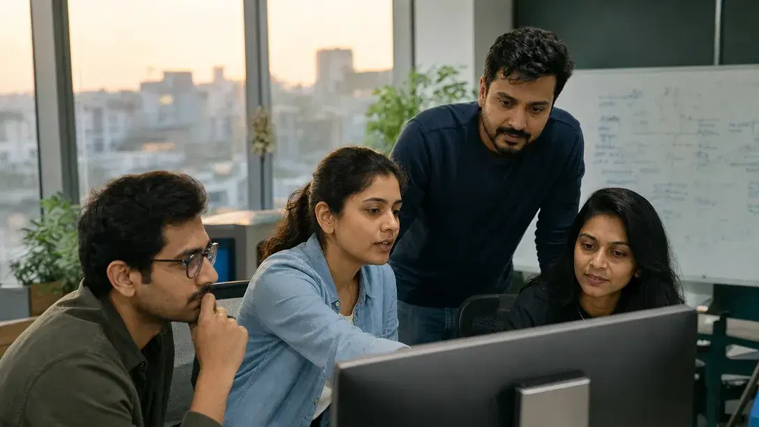 Development team reviewing a custom software development build before production release