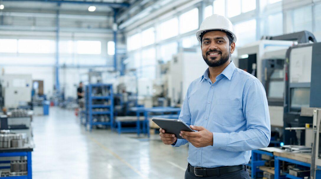 Production engineer holding a tablet on a manufacturing shop floor running ERPNext