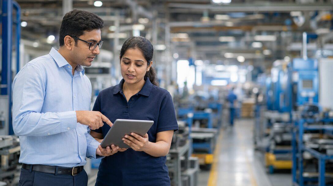 Plant manager and production planner reviewing ERPNext work orders on a tablet on the factory floor