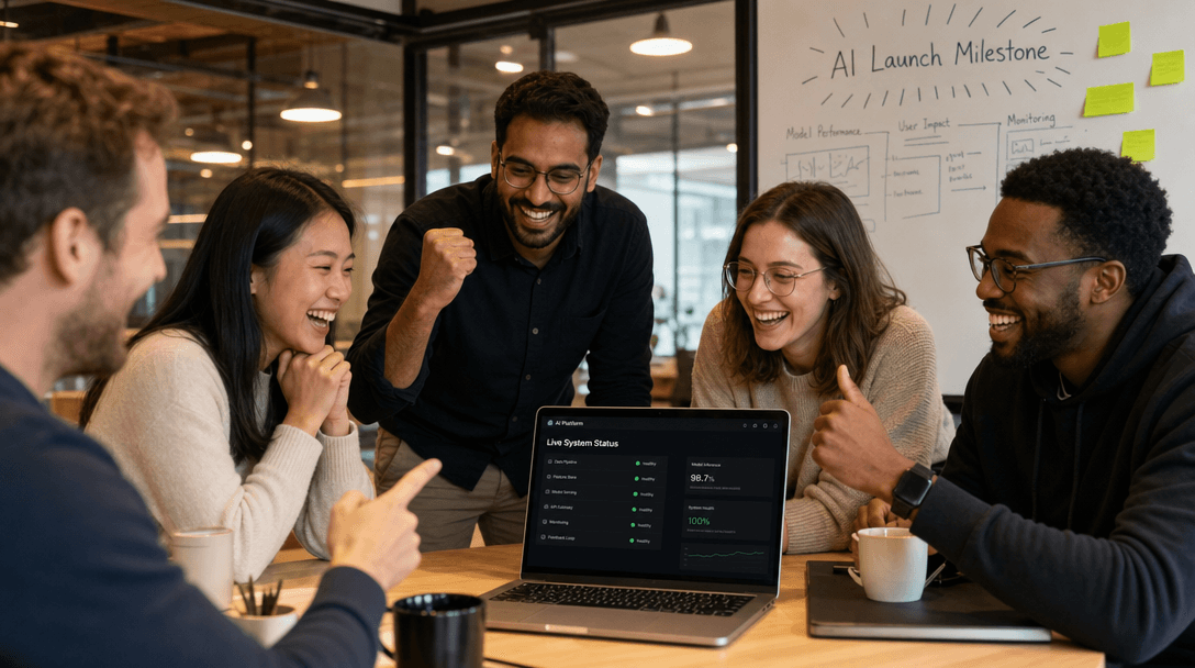 Product team celebrating a successful AI milestone launch with live system status indicators