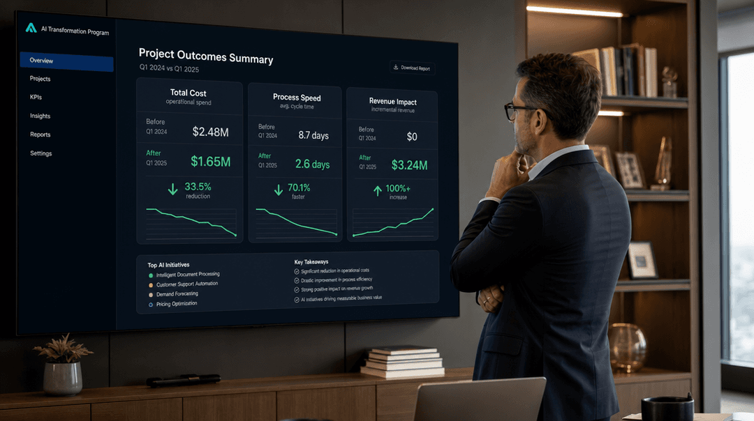 Business executive reviewing measurable AI project outcomes with before/after KPI comparison dashboard