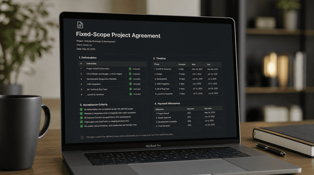 MacBook showing a fixed-scope AI project document with deliverables list, timeline, acceptance criteria, and payment milestones