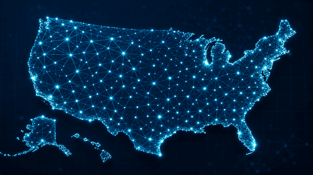 AI development company for US small businesses — a map of the United States drawn as a connected network of teal and blue nodes