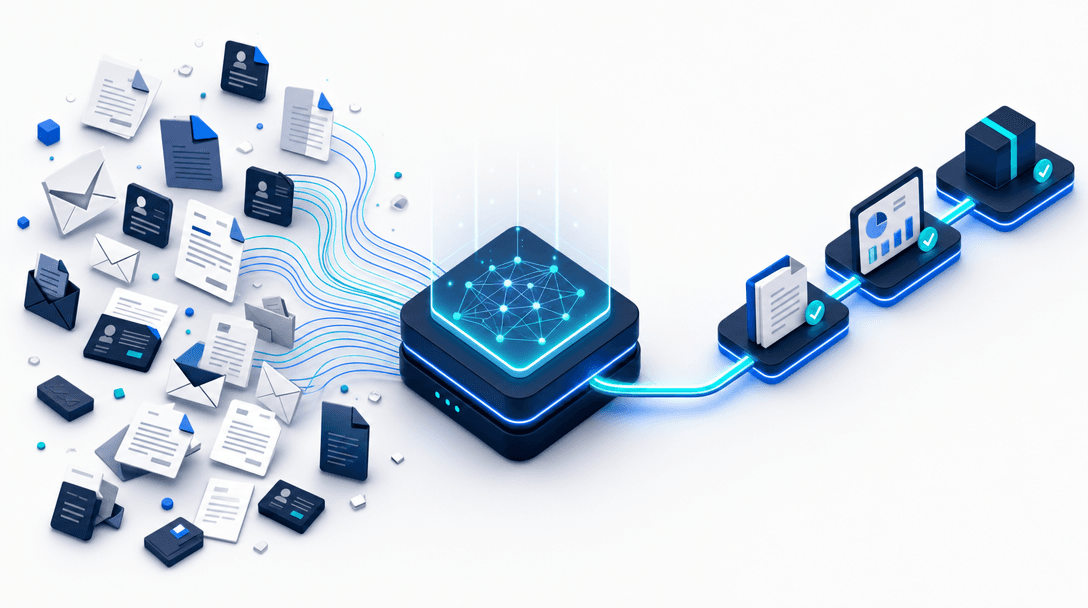AI workflow automation for SMBs — scattered manual tasks flowing into a central AI automation engine and out as one organized pipeline