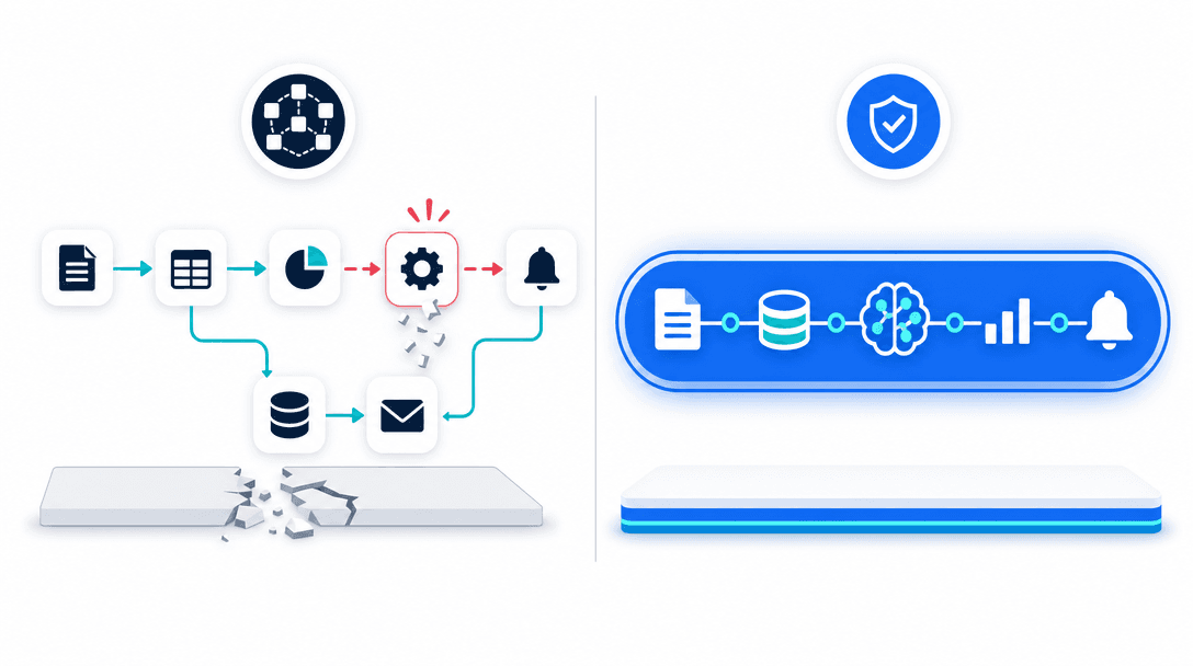 AI workflow automation comparison — a fragile chain of no-code connectors breaking at one link versus a single durable custom-built AI pipeline